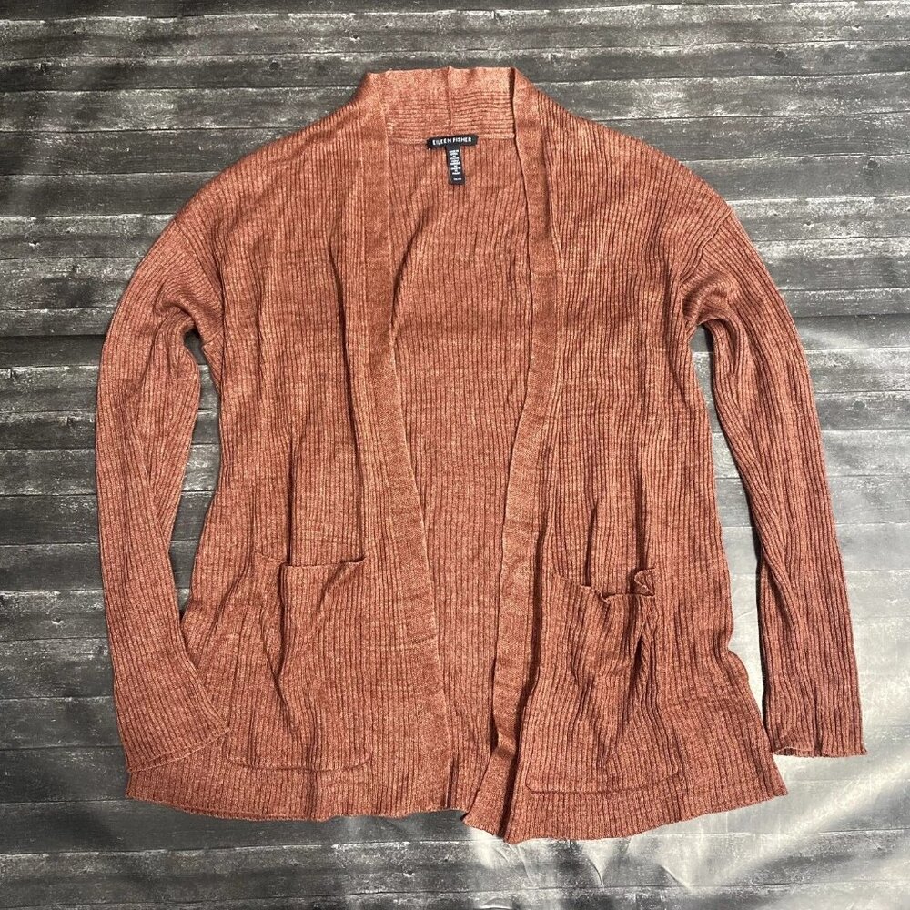 Eileen Fisher Rust Ribbed Open-Front Cardigan